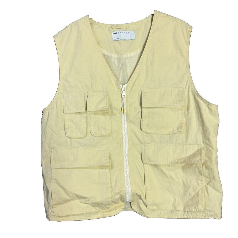 ASOS Cream Yellow Full Zip Vest Gilet Casual Men's Size L Fishing Fashion